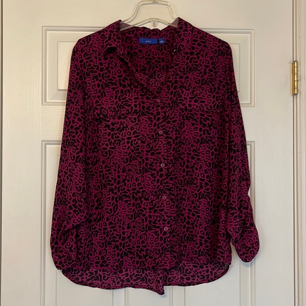 Apt 9 Button Up Long Sleeve Purple Animal Print Blouse